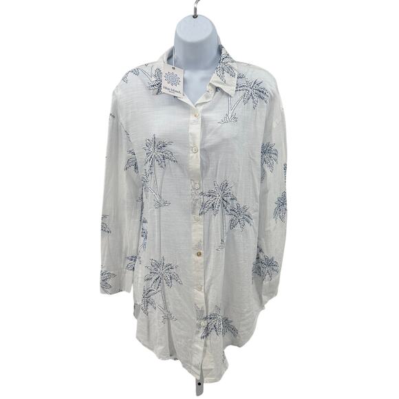 Blue Island Beach Long Sleeve Shirt S White Blue Palm Tree Embroidered Cover Up - Picture 1 of 10